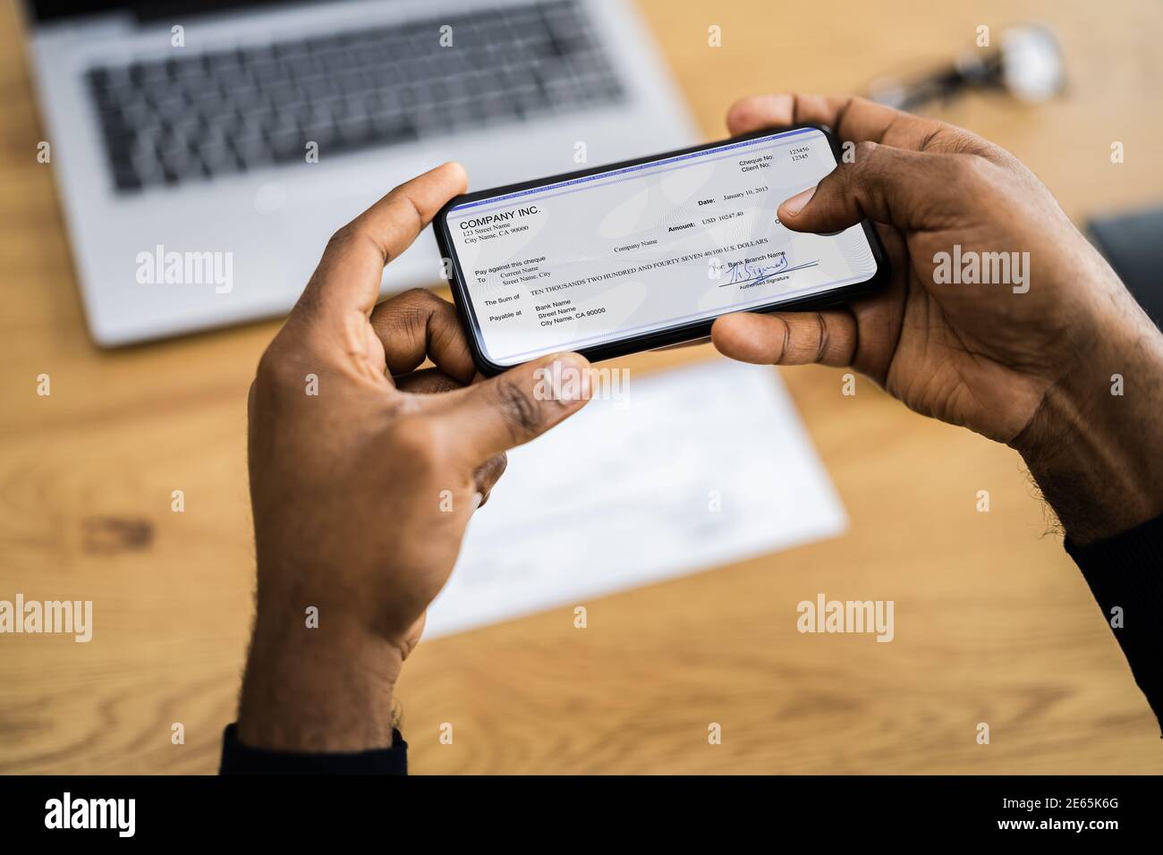 Remote Check Deposit Using Mobile Remote. Taking Photo Stock Photo