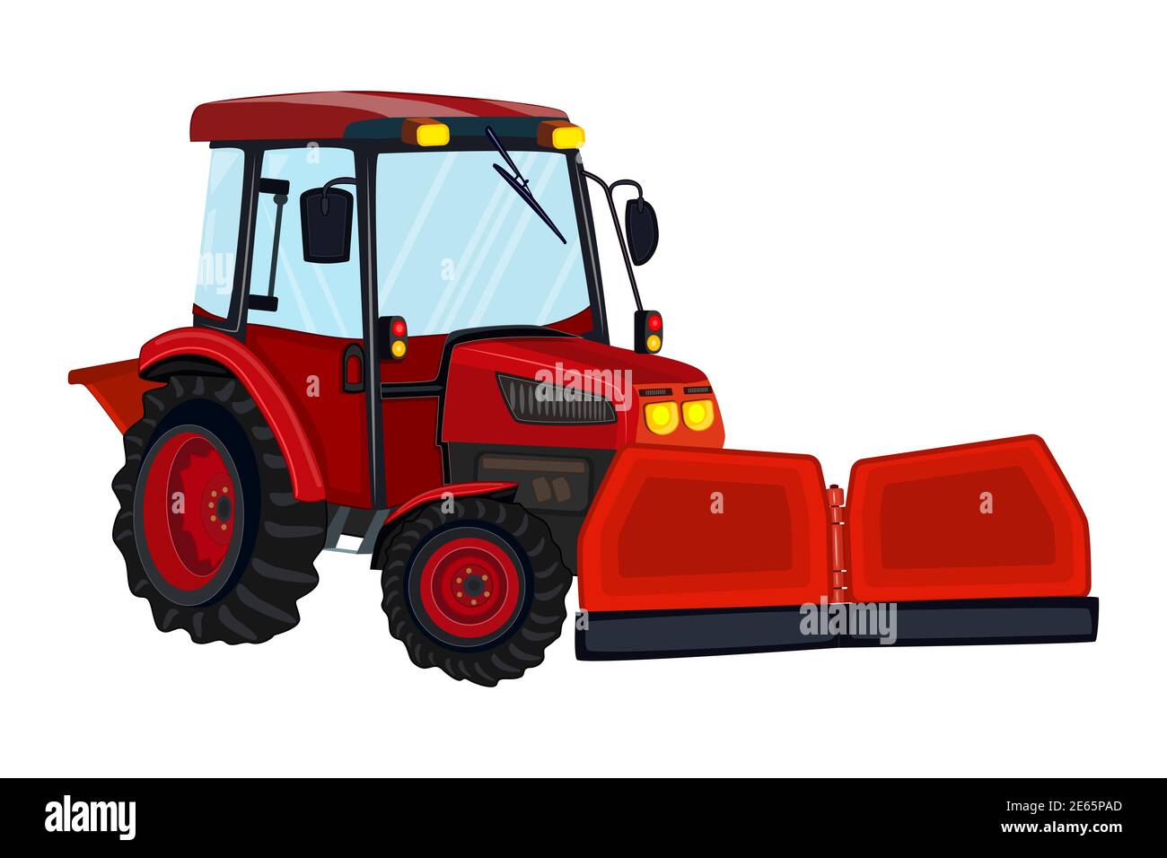 Tractor with snowplow isolated on white background. Red snowplow truck