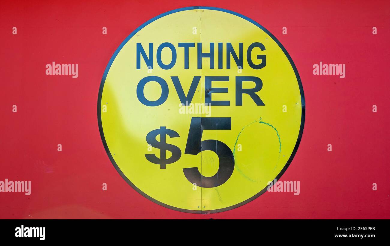 Mackay, Queensland, Australia - January 2021: Nothing Over $5 advertisement sign Stock Photo