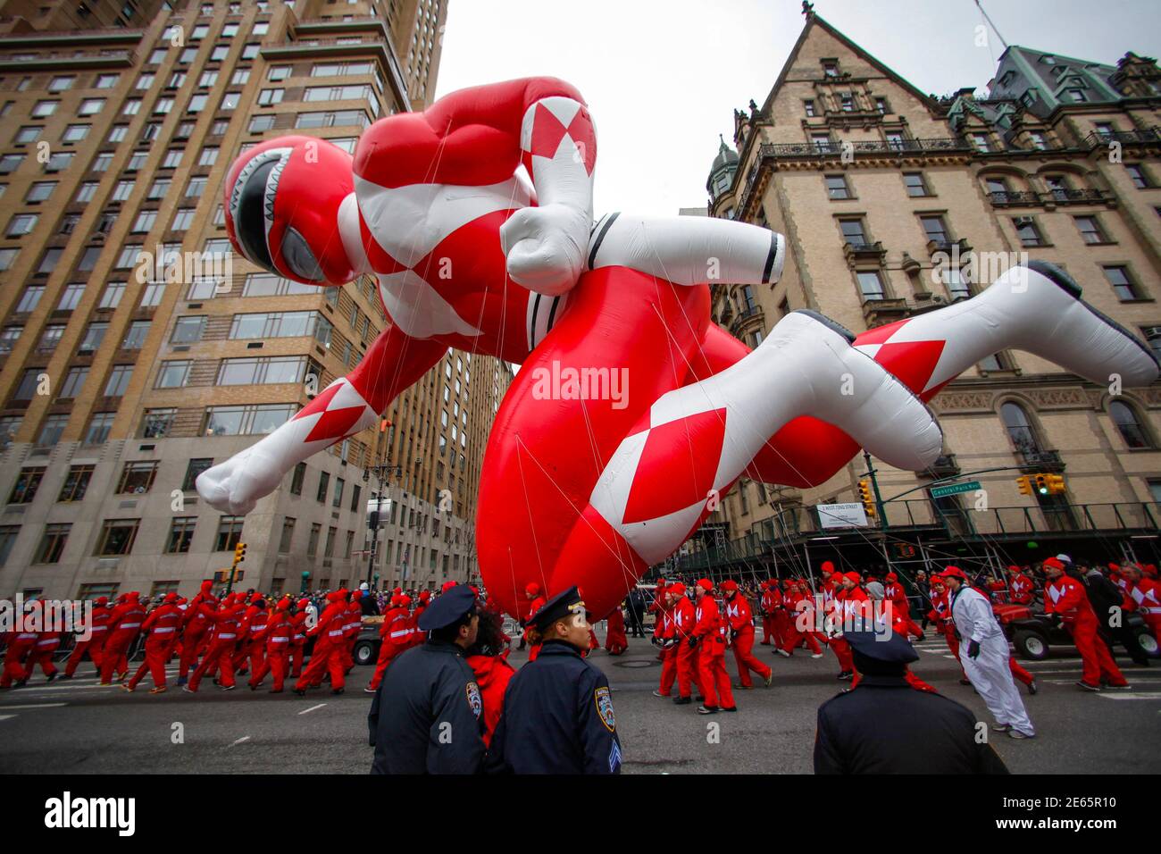 The red Mighty Morphin Power Ranger floats down Central Park West during 88th Macy's Thanksgiving Day Parade in New November 27, REUTERS/Eduardo Munoz (UNITED STATES - Tags: SOCIETY Stock