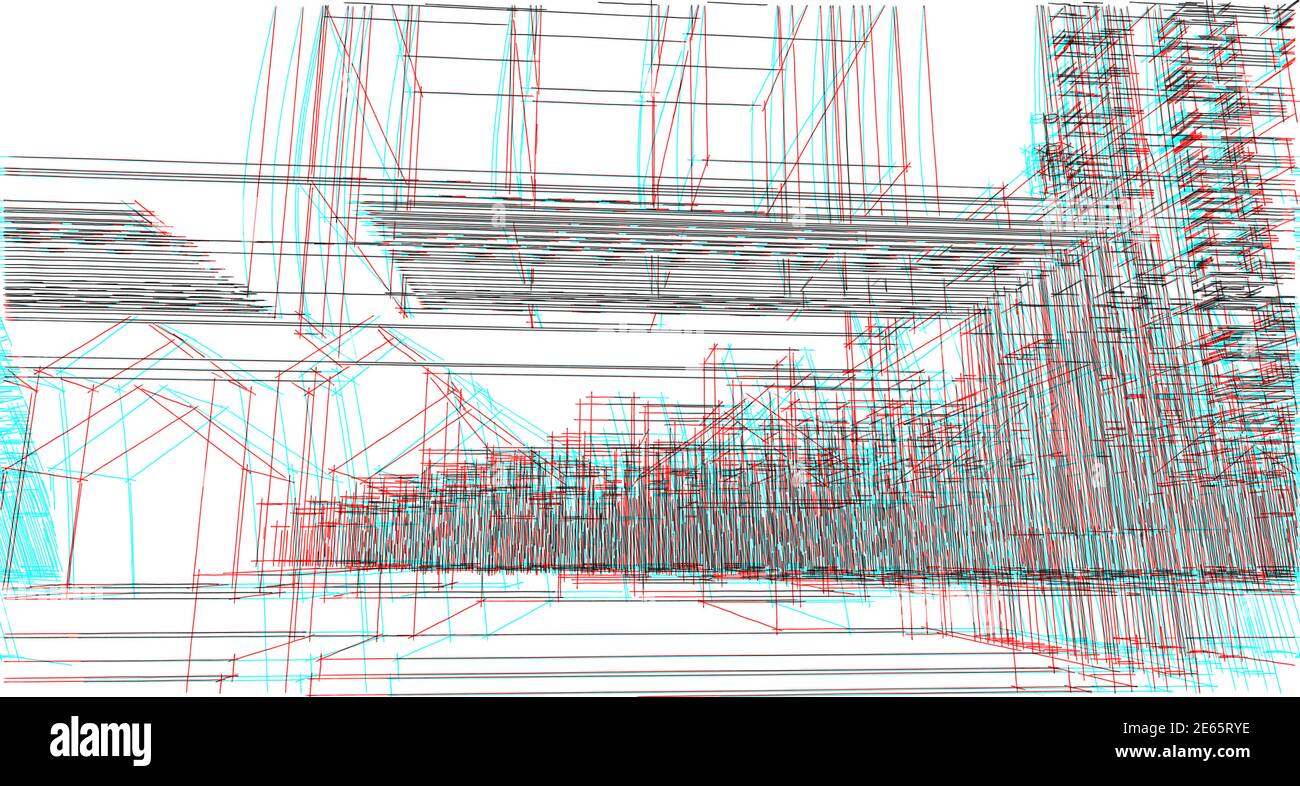 Abstract glitch architectural drawing sketch,Illustration Stock Photo