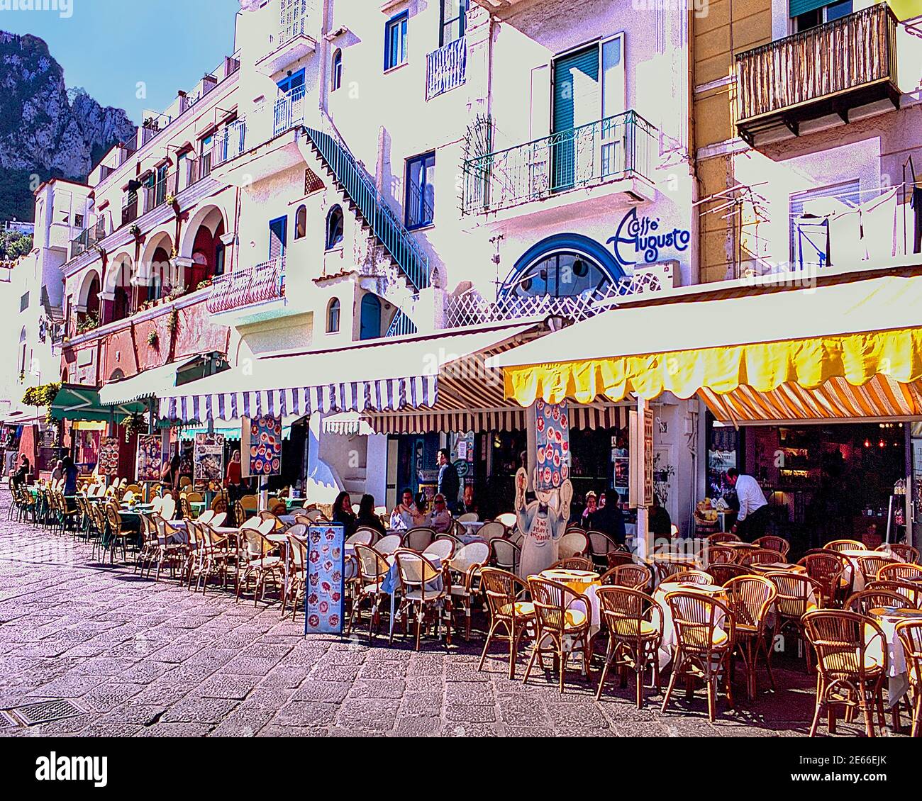 Image of Via Cristoforo Colombo's Restaurant Row on the Isle of Capri, Italy Stock Photo