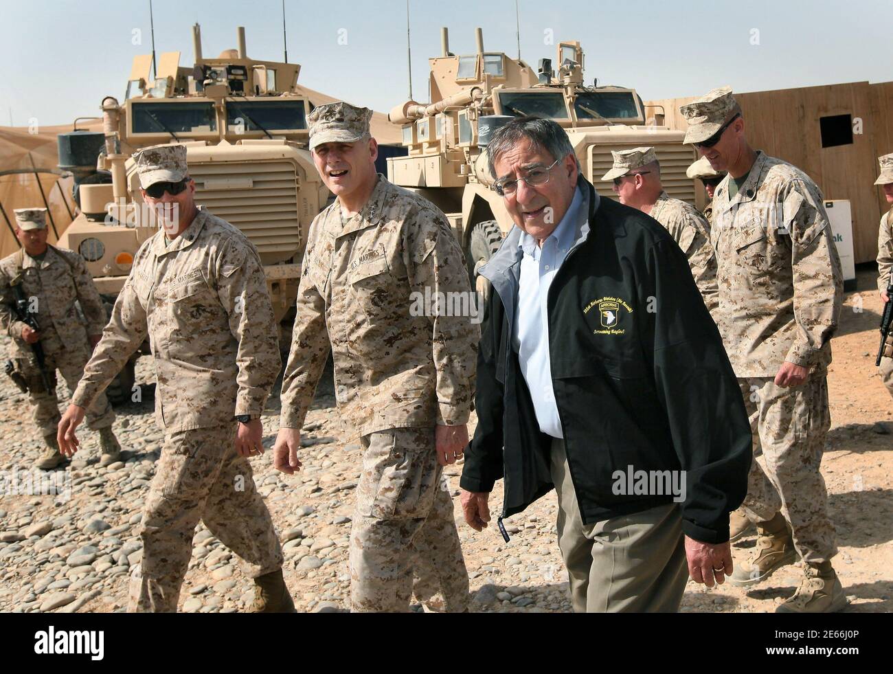 U.S. Defense Secretary Leon Panetta visits with troops at Forward Operating Base Shukvani, Afghanistan March 14, 2012. Panetta told troops in Afghanistan on Wednesday that the massacre of 16 Afghan civilians by an American soldier should not deter them from their mission to secure the country ahead of a 2014 NATO withdrawal deadline.  REUTERS/Scott Olson/Pool (AFGHANISTAN - Tags: POLITICS MILITARY) Stock Photo