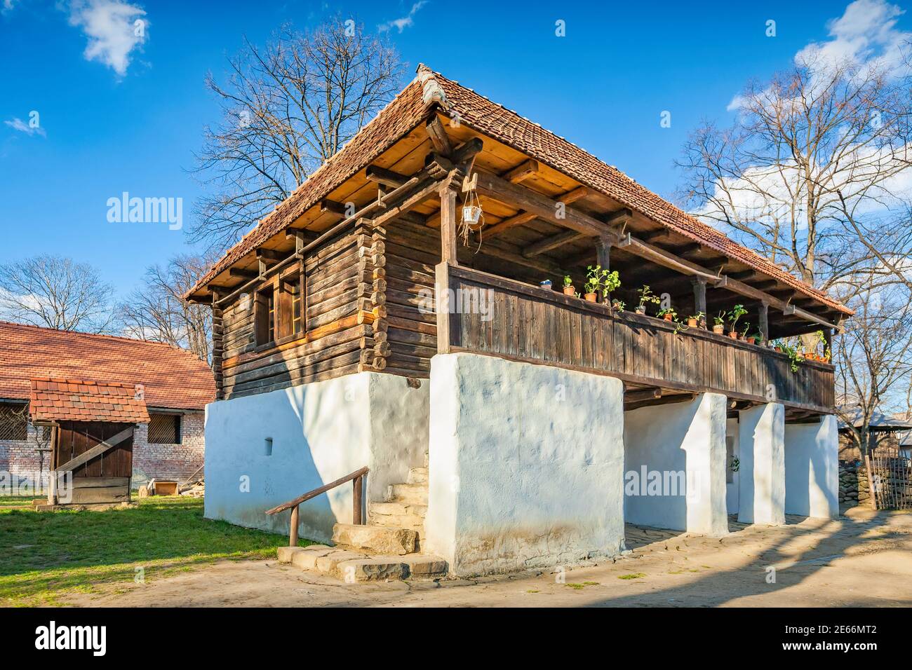 Traditional houses in the landmark Village Museum in Bucharest, Romania (Muzeul Național al Satului Dimitrie Gusti) Stock Photo