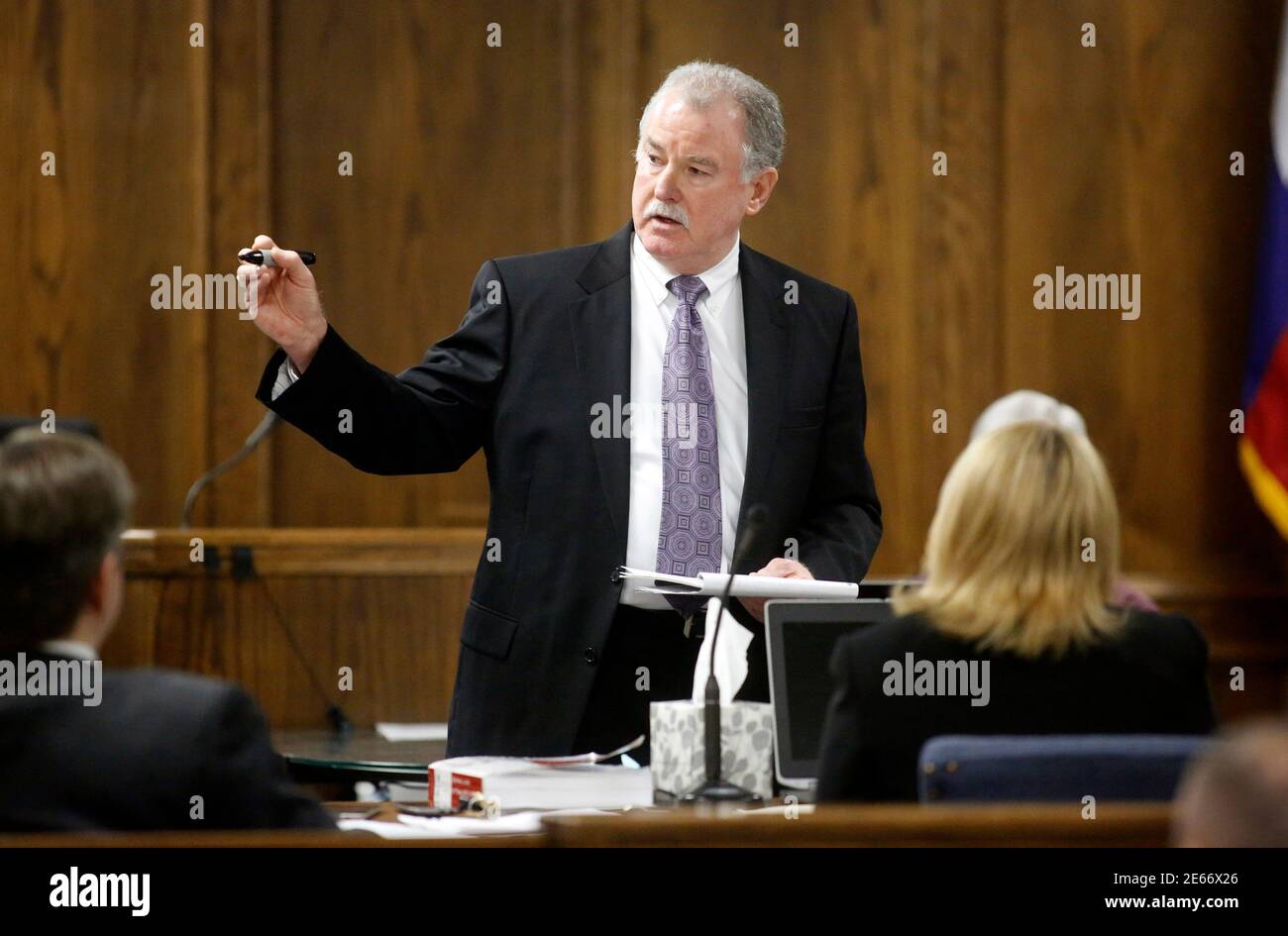 Court appointed defense attorney Tim Moore delivers his opening statement during the capital murder trial of former Marine Eddie Ray Routh at the Erath County Donald R. Jones Justice Center in Stephenville, Texas February 11, 2015. Routh, 27, is charged with murdering Navy SEAL Chris Kyle, who was credited with the most kills of any U.S. sniper, and Kyle's friend Chad Littlefield in 2013.   REUTERS/Tom Fox/Pool (UNITED STATES - Tags: CRIME LAW MILITARY) Stock Photo