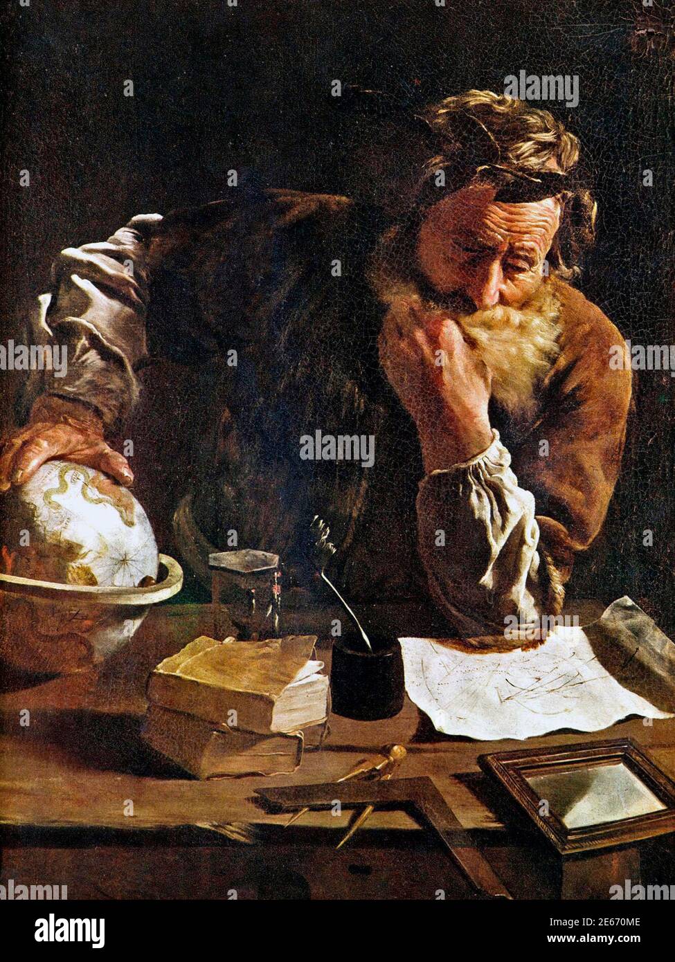 Archimedes Thoughtful (also known as Portrait of a Scholar) by Domenico Fetti, 1620. Archimedes is considered the most important physicist in antiquity. Stock Photo