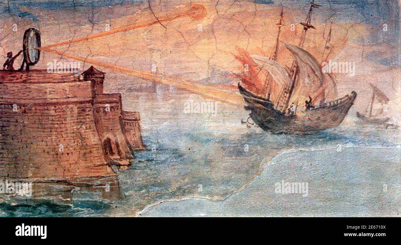 Wall painting from the Uffizi Gallery, Stanzino delle Matematiche, in Florence, Italy, showing the Greek mathematician Archimedes' mirror being used to burn Roman military ships. Painted in 1600, Giulio Parigi Stock Photo