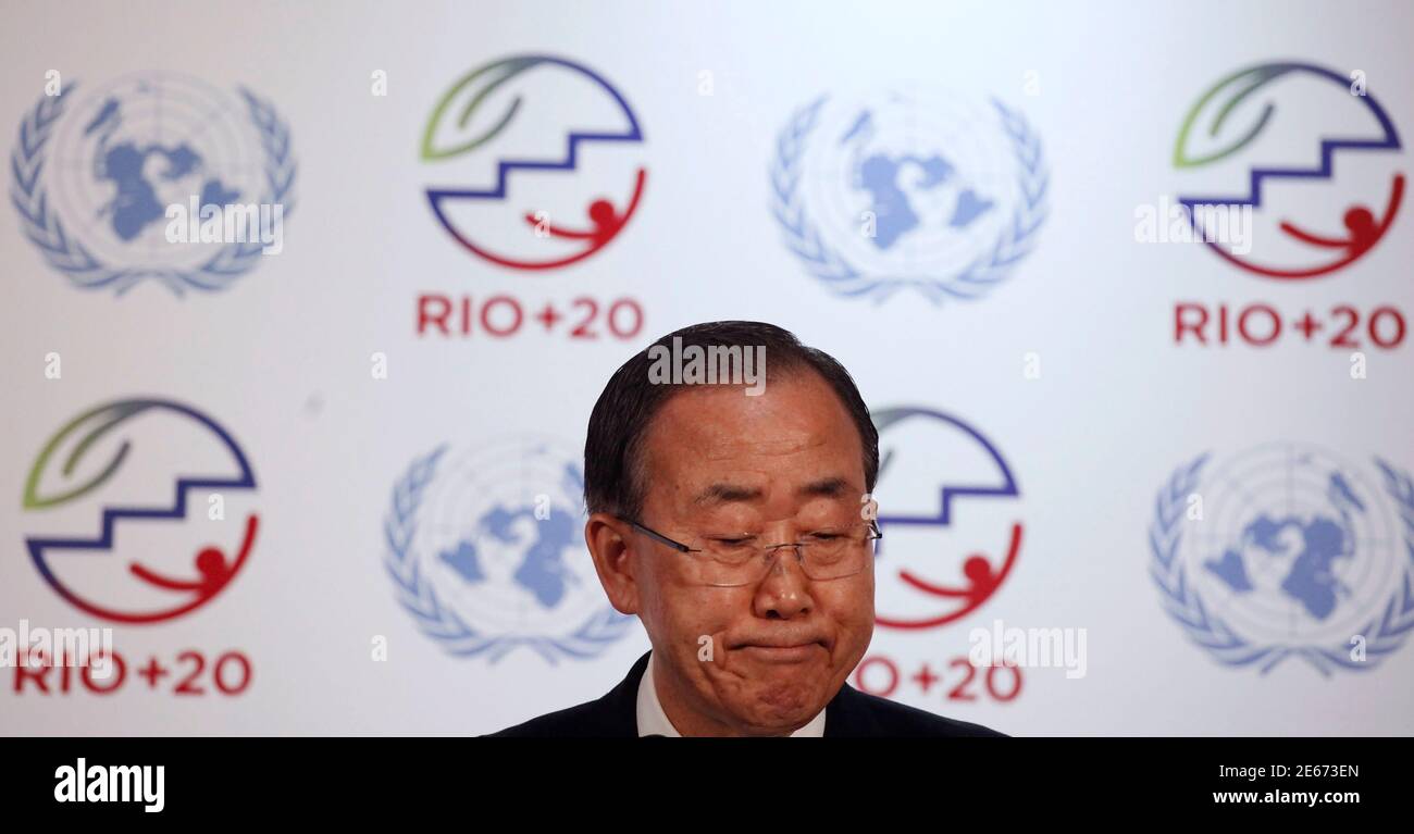 Un Secretary General Ban Ki Moon Reacts As He Talks To Journalists During A News Conference After The Opening Of The Rio United Nations Sustainable Development Summit In Rio De Janeiro June 12