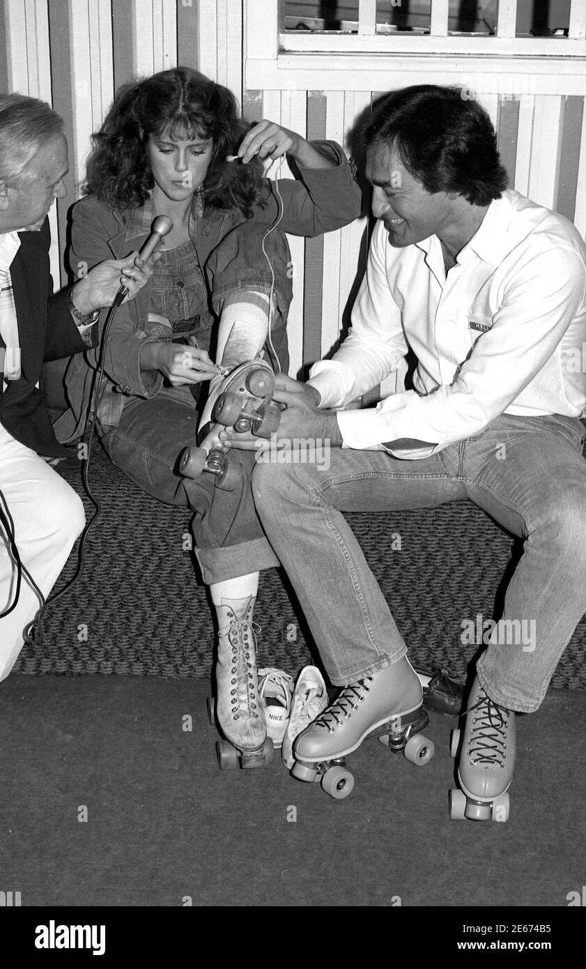 Pam Dawber and actor Bill Paxton at Flippers Roller Boogie Palace in West Hollywood circa 1970s Stock Photo