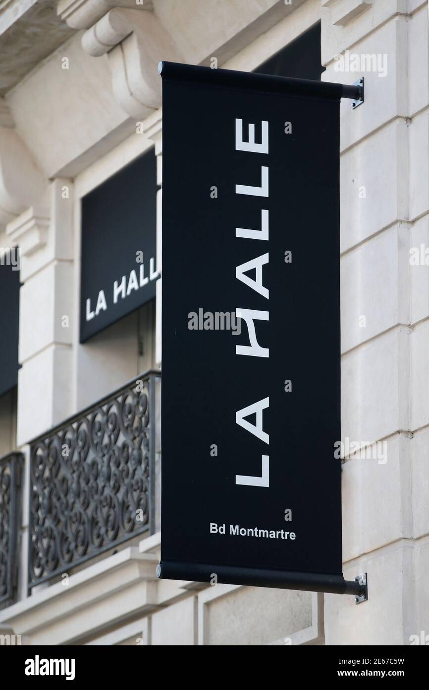 The logo of "La Halle" is seen on a clothing store in Paris April 8, 2015.  The Vivarte Group, French giant ready-to-wear apparel and footwear  retailer, presented on Tuesday a social plan