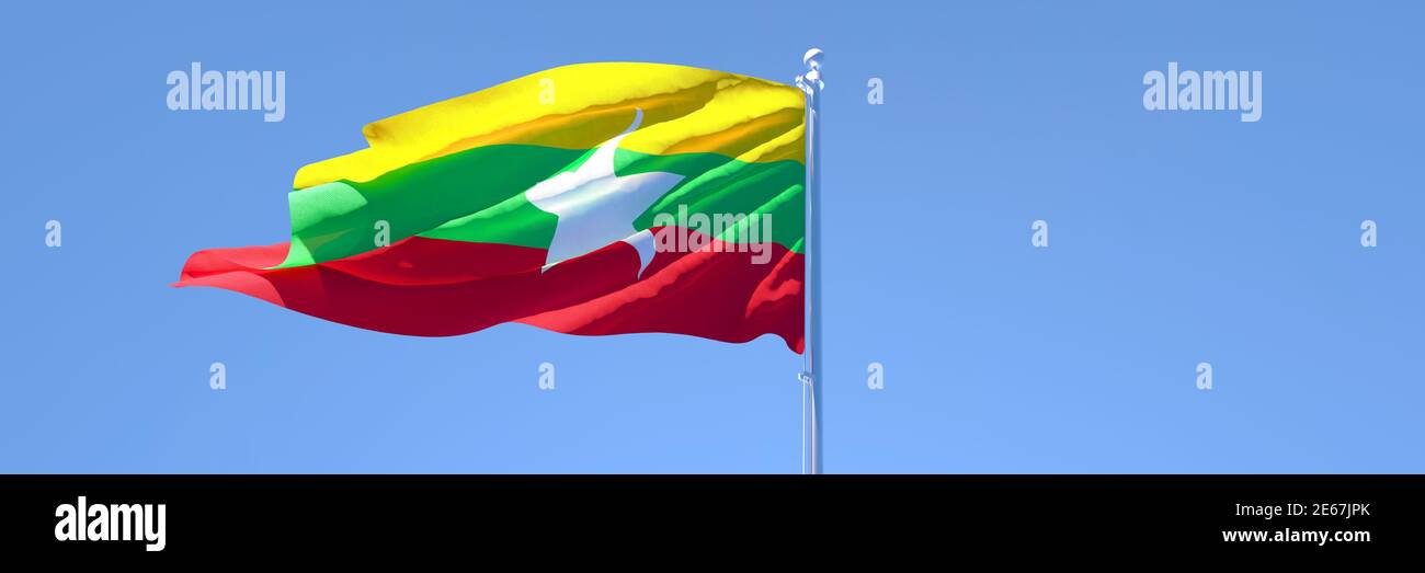 3D rendering of the national flag of Myanmar waving in the wind Stock ...