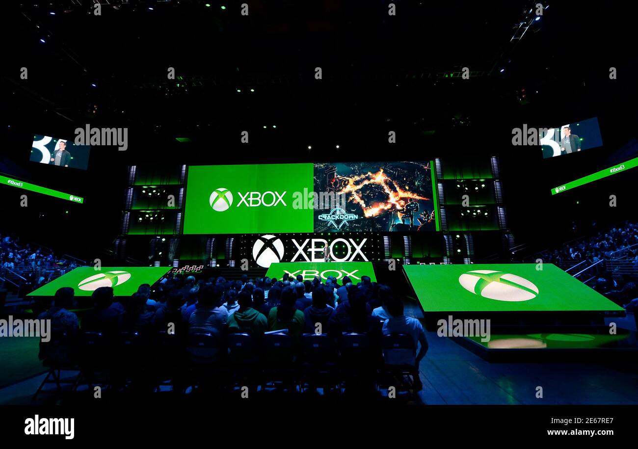 Phil Spencer, head of Microsoft's Xbox division and Microsoft Studios, speaks during the Xbox E3 Media Briefing at USC's Galen Center in Los Angeles, California June 9, 2014.REUTERS/Kevork Djansezian  (UNITED STATES - Tags: ENTERTAINMENT BUSINESS) Stock Photo