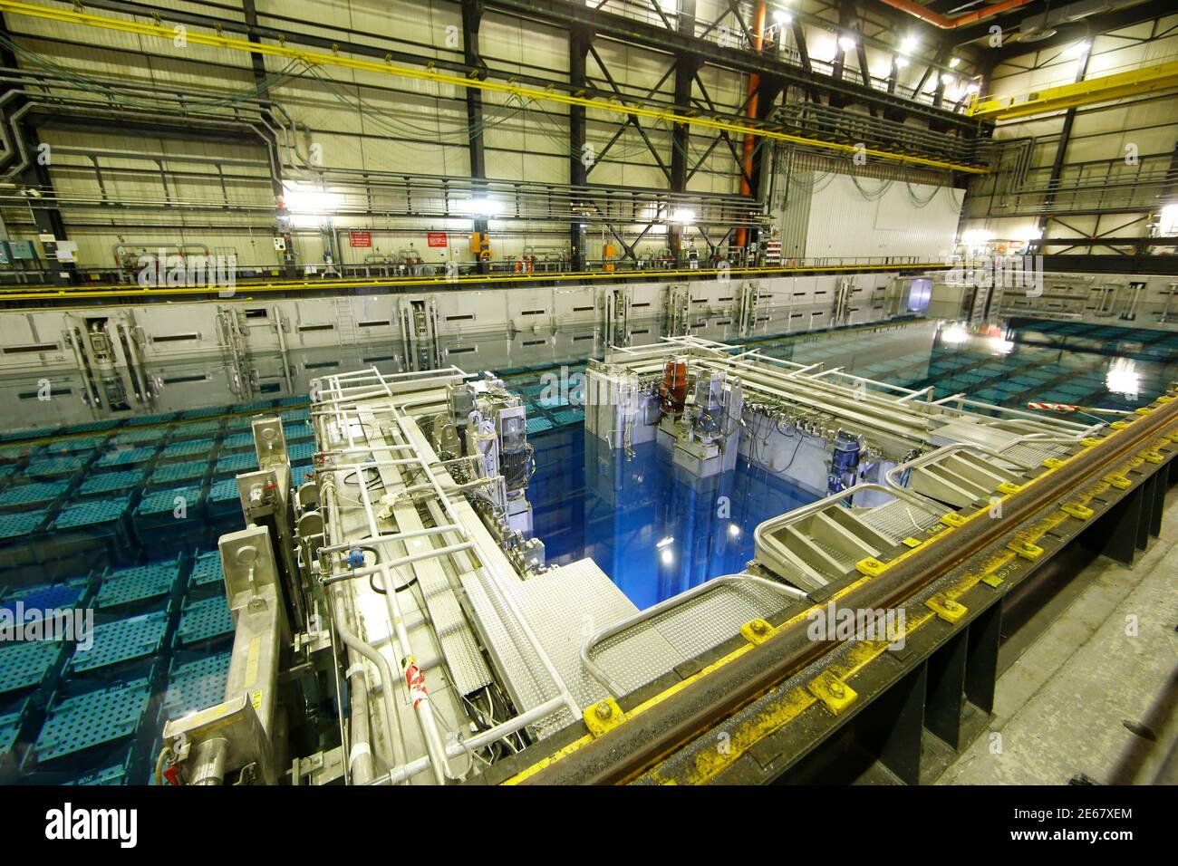 A view shows the pool storage where spent nuclear fuel tanks are unload in  baskets under 4 meters of water to decrease temperature as part of the  treatment of nuclear waste at