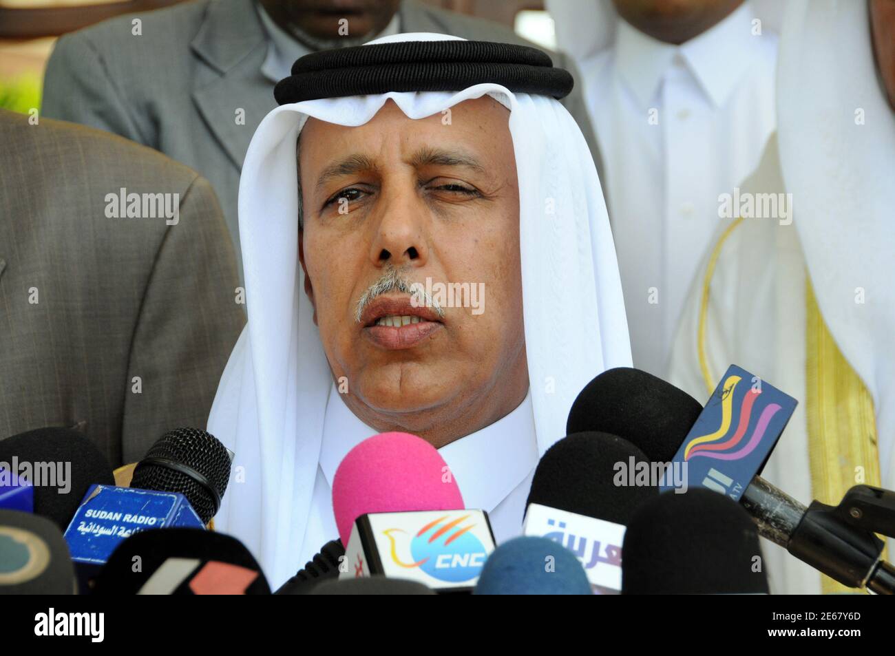 Qatar's Minister of State for Foreign Affairs Ahmed Bin Abdullah Al-Mahmoud  speaks to the media after a meeting with Sudan President Omar Hassan  al-Bashir and Joint U.N./African Union mediator Djibril Bassole in