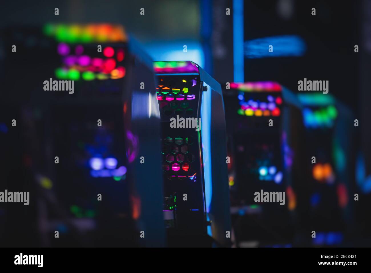 View of Gaming PC with rgb led lights, powerful high end personal computer, assembled with hardware components, at home or at the cybersport arena Stock Photo