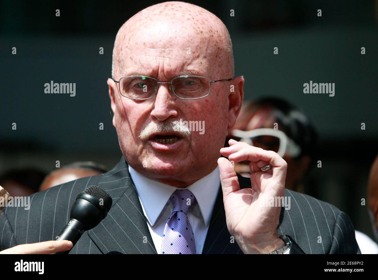 Defense attorney Jack McMahon, who represented Philadelphia abortion doctor Kermit Gosnell, makes remarks after Gosnell was sentenced at the criminal justice facility in Philadelphia, Pennsylvania, May 15, 2013. Gosnell was sent to prison to serve three life terms without parole for murdering babies during late-term abortions and other crimes at his squalid clinic in Philadelphia.  REUTERS/Tim Shaffer  (UNITED STATES - Tags: CRIME LAW HEALTH) Stock Photo