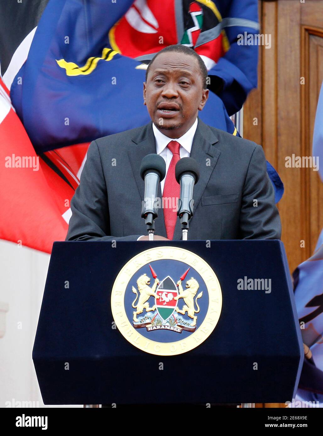 Kenyan President Uhuru Kenyatta addresses a news conference at the State House in Nairobi December 2, 2014. Kenyatta said on Tuesday he had nominated a new interior minister and accepted the resignation of the head of the police, both of whom have been criticised for failing to stop a spate of attacks blamed on Islamist militants.   REUTERS/Thomas Mukoya (KENYA - Tags: POLITICS CIVIL UNREST PROFILE) Stock Photo