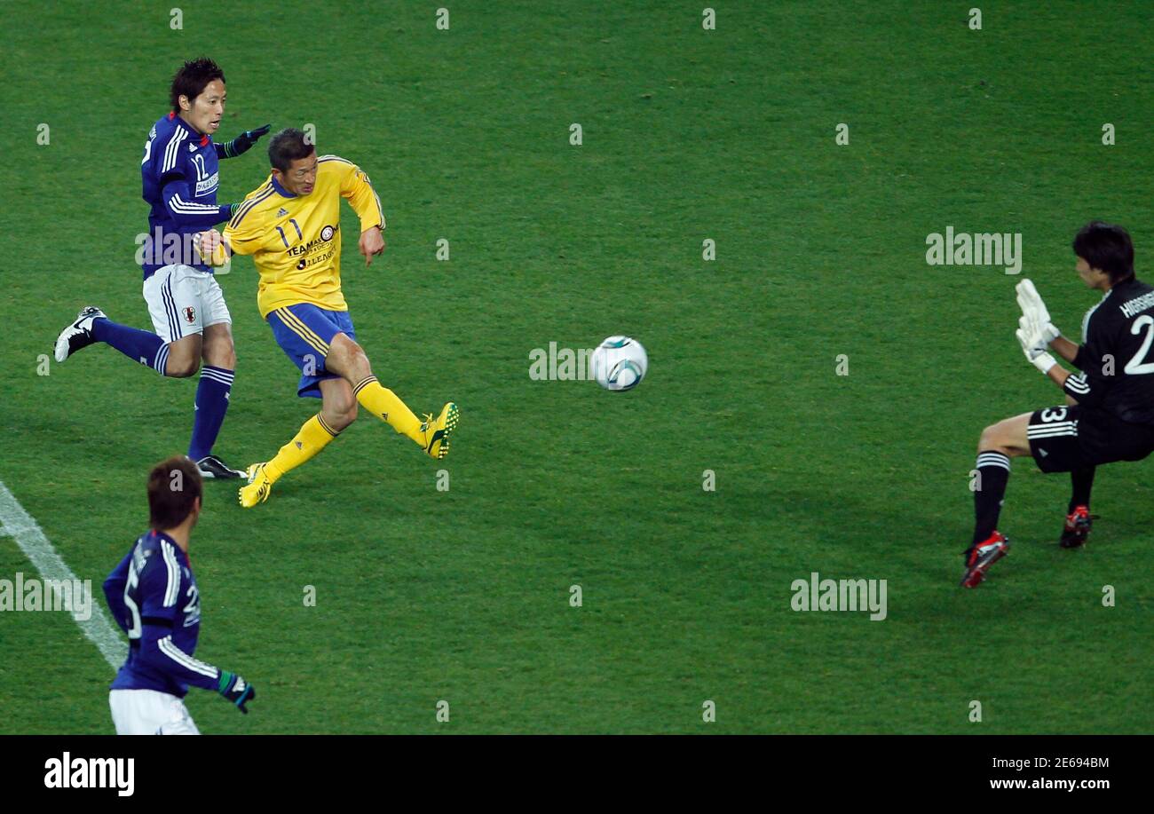 J League All Star Team S Kazuyoshi Miura Yellow Shots A Ball To Score Against The Blue Samurai During Their Charity Match At Nagai Stadium In Osaka Western Japan March 29 11 Japan S Blue Samurai J League All Star Team S Kazuyoshi Miura Yellow Shots A Ball To Score Against The Blue Samurai During Their Charity Match At Nagai Stadium In Osaka Western Japan March 29 11 Japan S Blue Samurai