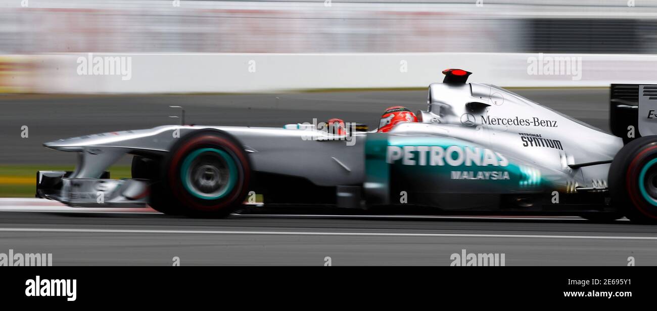 Mercedes Formula One driver Michael Schumacher of Germany drives during the third practice session of the Canadian F1 Grand Prix at the Circuit Gilles Villeneuve in Montreal June 11, 2011.  REUTERS/Chris Wattie (CANADA  - Tags: SPORT MOTOR RACING) Stock Photo