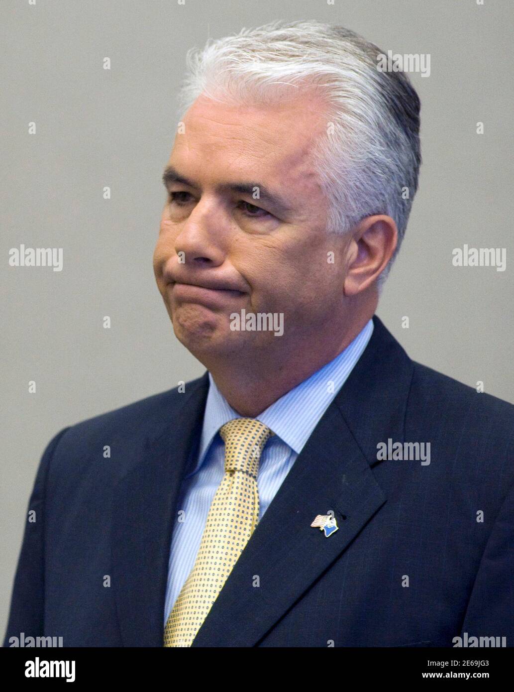 U.S. Senator John Ensign (R-NV) is seen as he announces he will not seek another term in 2012 during a news conference at the Lloyd George Federal Building in Las Vegas, Nevada, in this March 7, 2011 file photo. Ensign will resign from the U.S. Senate on May 3, he announced in a statement on April 21, 2011. REUTERS/Las Vegas Sun/Steve Marcus/Files (UNITED STATES - Tags: POLITICS HEADSHOT) Stock Photo