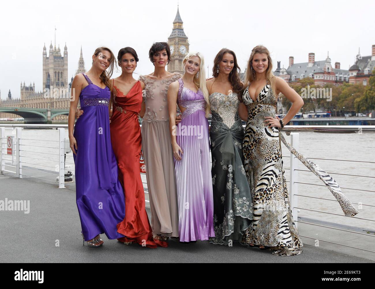 Miss World 2011 contestants (L-R) Miss France Clemence Oleksy, Miss Spain Carla Garcia Barber, Miss Italy Nunziata Bambaci, Miss Germany Sabrina Reitz, Miss Netherlands Jill Lauren De Robles, and Miss Belgium Justine De Jonckheere pose for photographers in front of the Houses of Parliament and the Big Ben clocktower in London October 31, 2011. The Miss World Finals will take place in London on November 6.  REUTERS/Suzanne Plunkett (BRITAIN - Tags: SOCIETY ENTERTAINMENT) Stock Photo
