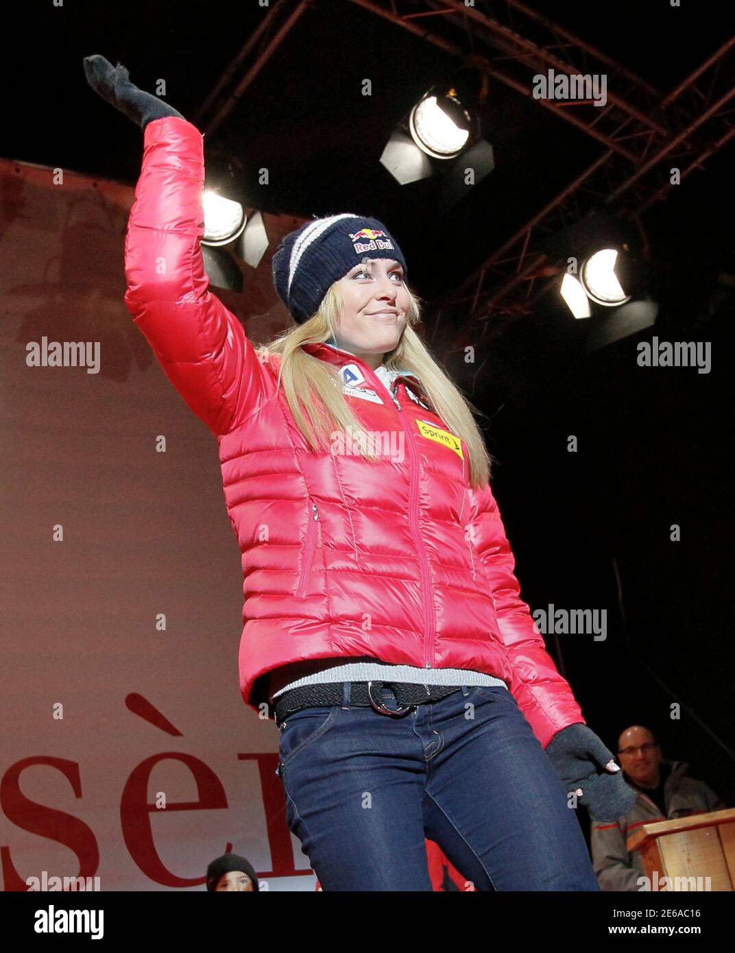 Lindsey Vonn of the U.S. reacts during the draw of the Women's World Cup  Downhill skiing race in Val d'Isere, French Alps, December 20, 2013.  Olympic downhill champion Lindsey Vonn, one of
