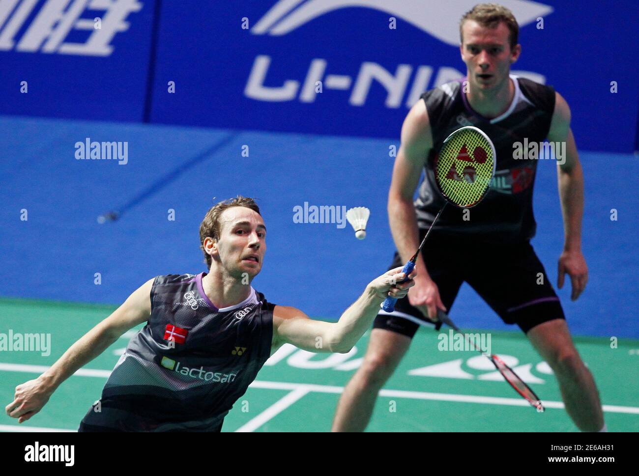 Denmark's Mathias Boe (front) and Carsten Mogensen return a shot to South  Korea's Jung Jae-Sung and Lee Yong-Dae in their men's doubles semifinals  match at the China Open badminton tournament in Shanghai
