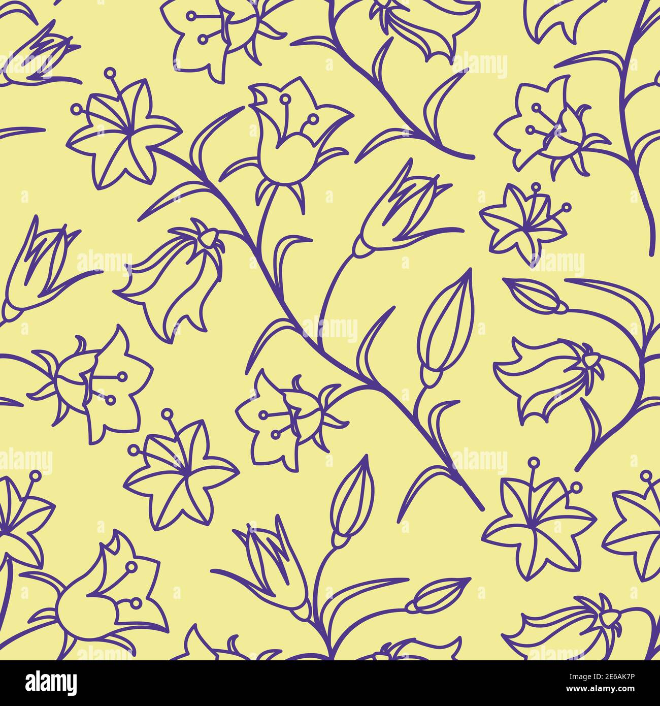 A seamless pattern with the colors of bells. Dark mauve contour on a yellow background. Vector illustration Stock Vector