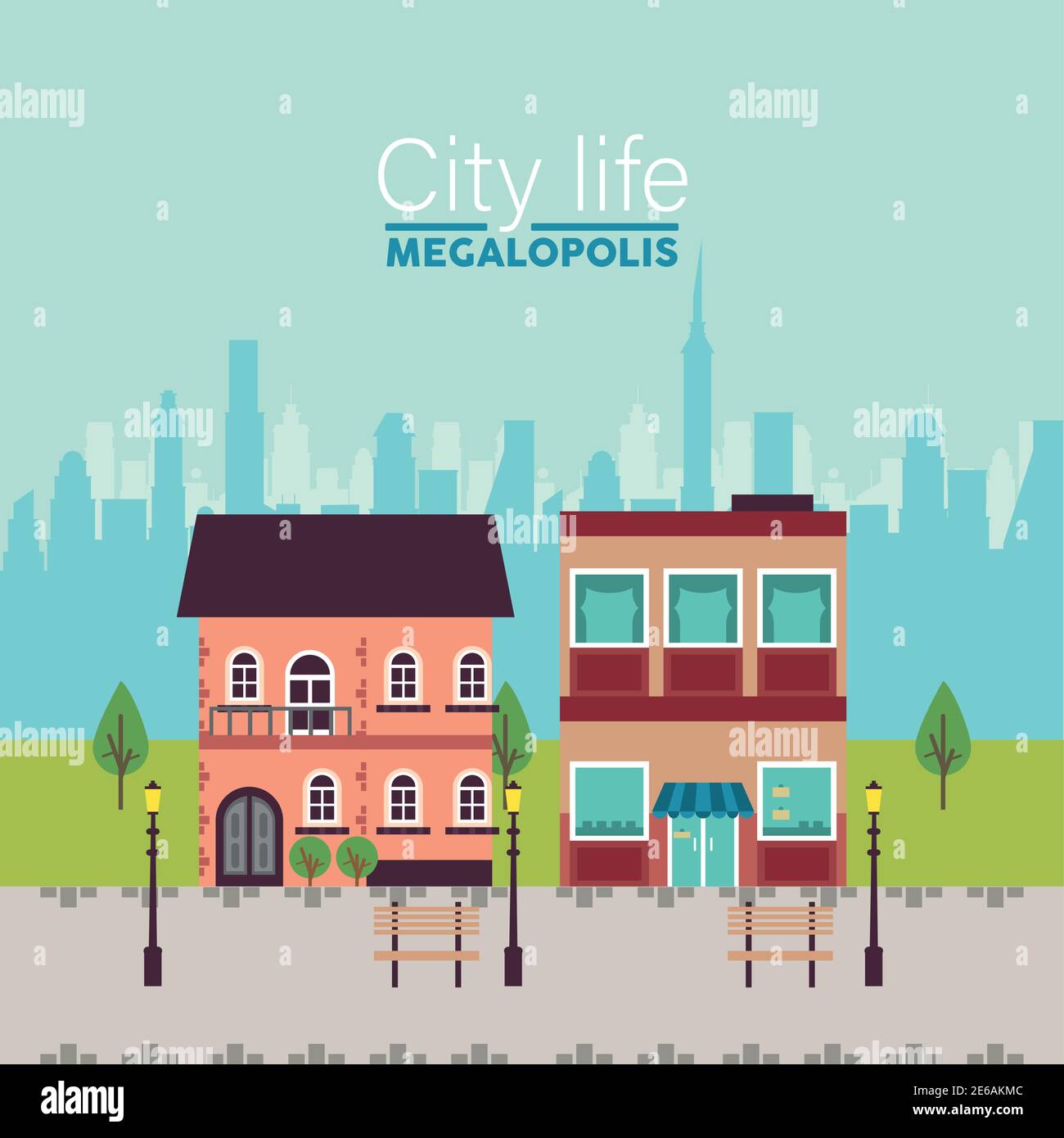 city life megalopolis lettering in cityscape scene with benches and lamps vector illustration design Stock Vector