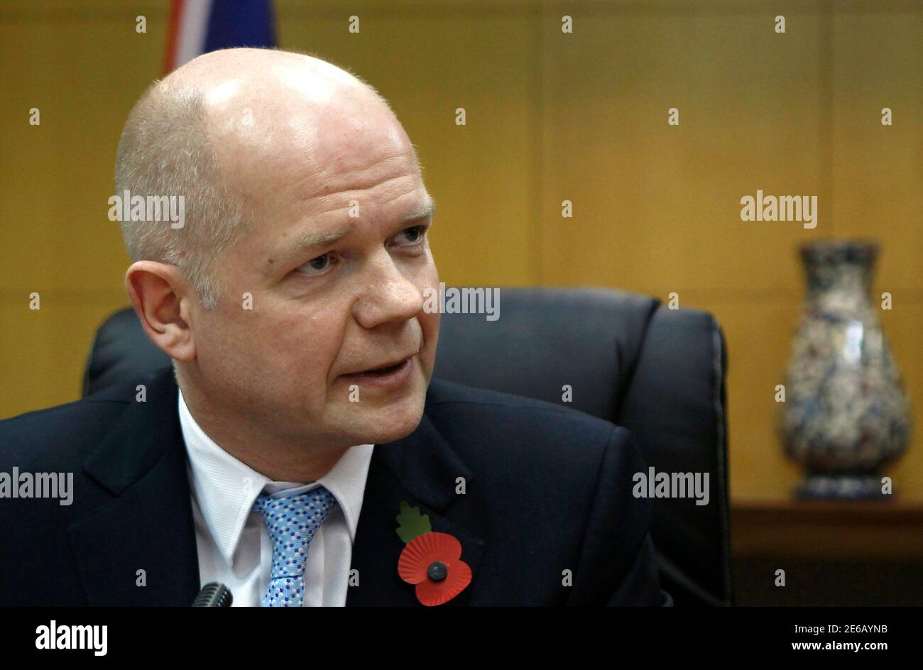 British Foreign Secretary William Hague speaks during a joint news conference with Palestinian Prime Minister Salam Fayyad (not pictured) in the West Bank city of Ramallah November 3, 2010. REUTERS/Ammar Awad (WEST BANK - Tags: POLITICS) Stock Photo