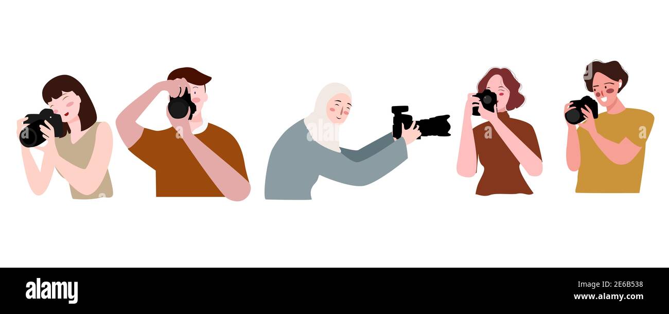 photographer set collection in action hold camera take picture with