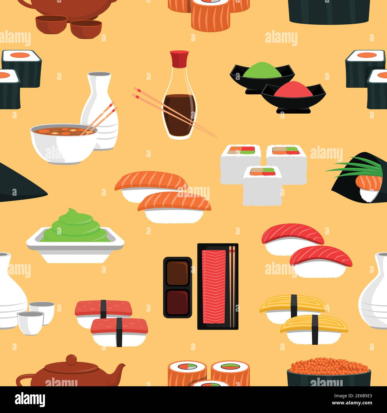 Sushi seamless pattern with rice and fish flat vector illustration ...