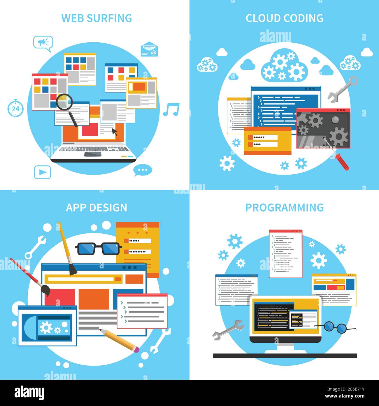 Web development concept icons set with web surfing cloud coding and ...