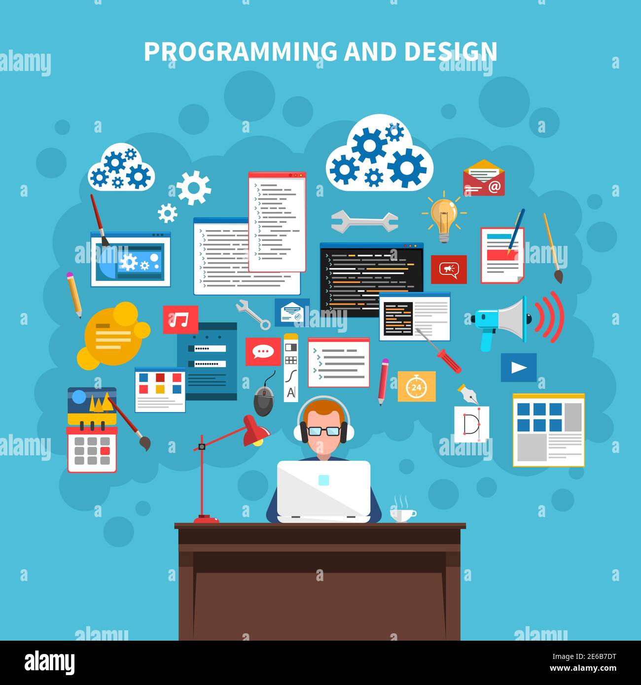 Programming and web design concept with programmer figure and website ...