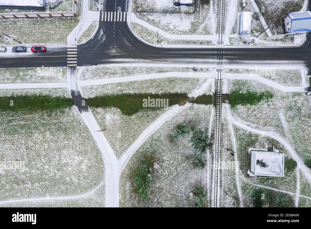 aerial view looking down on city road intersection in wintertime Stock Photo