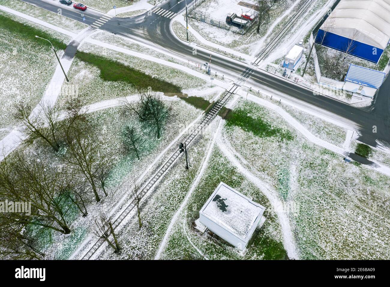 aerial view of a road intersection in the city at chilly winter day Stock Photo