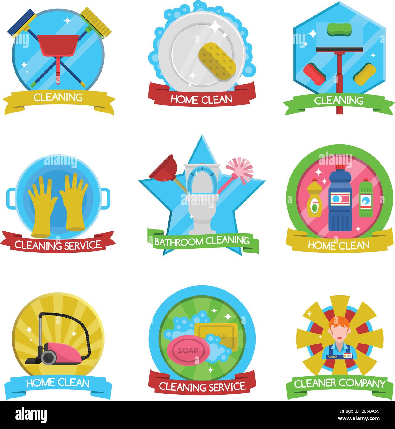 Cleaning emblems set with cleaning service and company symbols flat