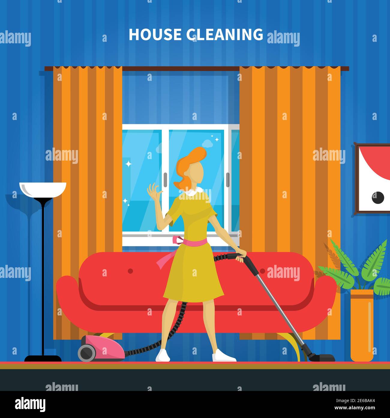 House cleaning background with a vacuum cleaner and a room flat vector illustration Stock Vector