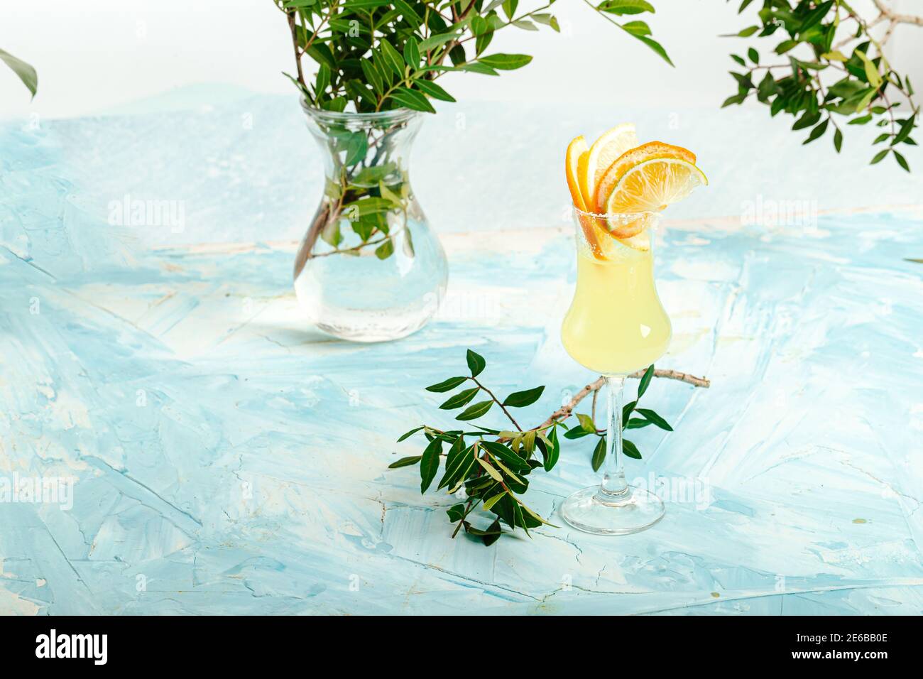 Glass of italian limoncello with citrus slices Stock Photo