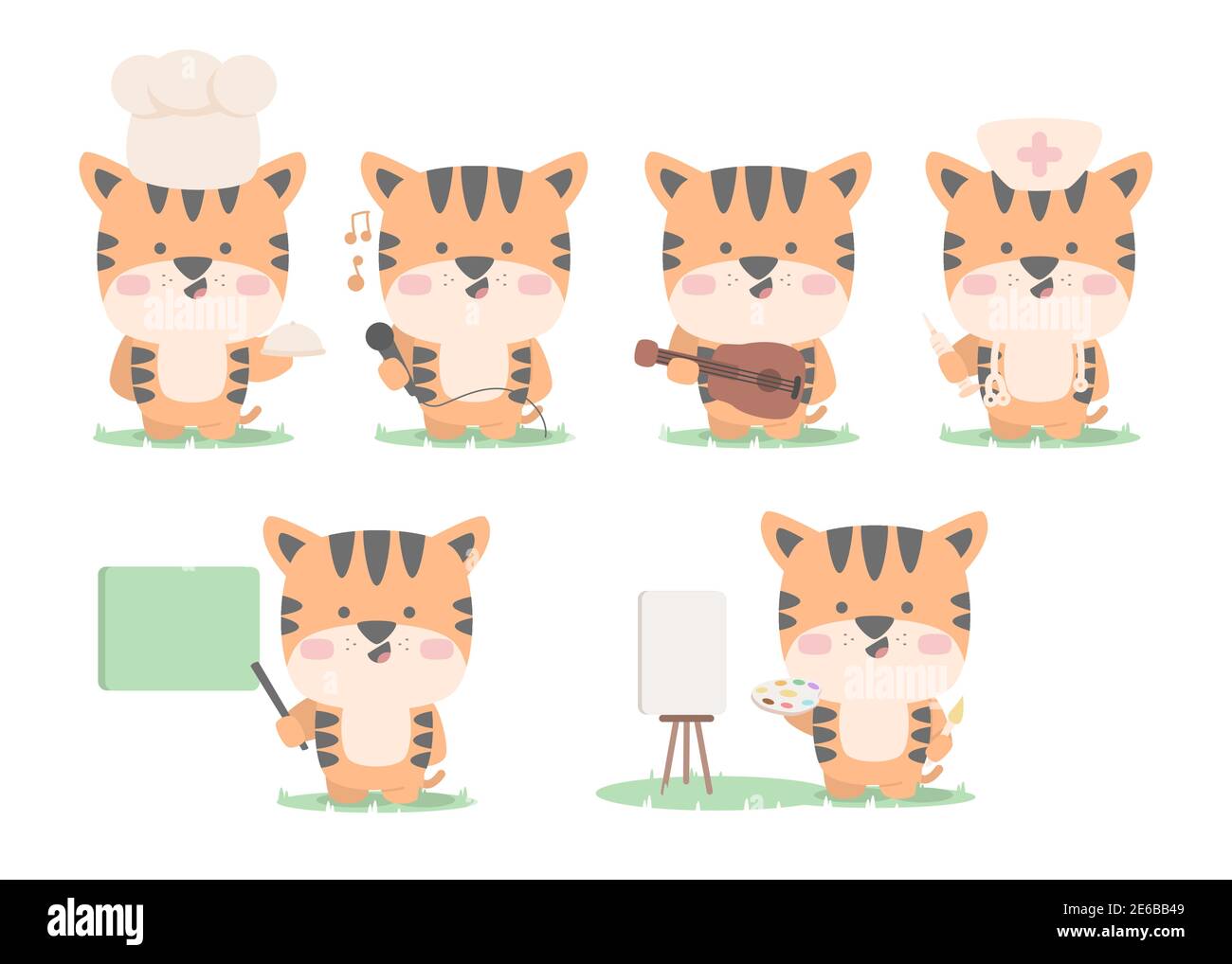 tiger character set collection mascot cute animal chef singer guitar doctor teacher painter with flat cartoon style Stock Vector