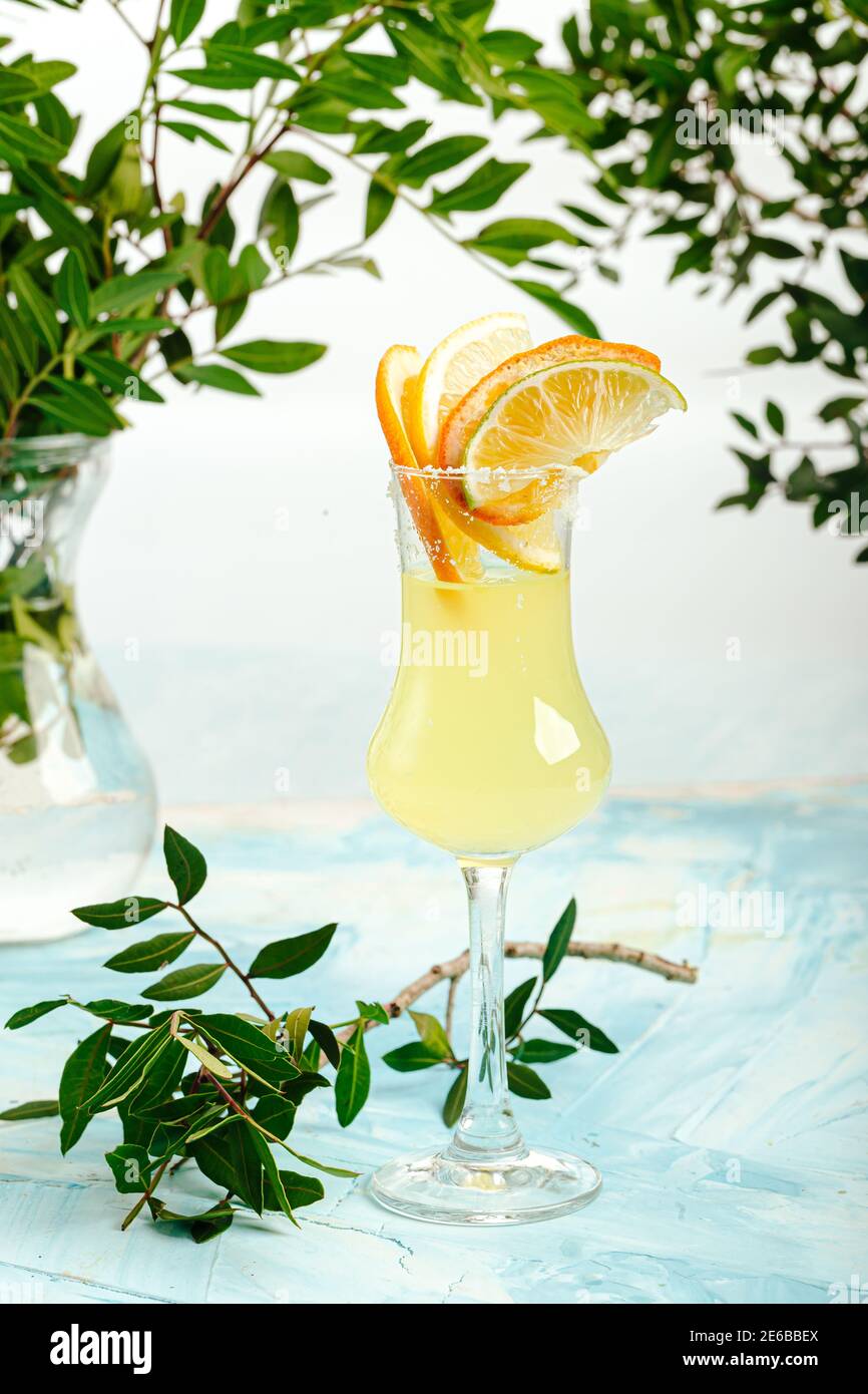 Glass of italian limoncello with citrus slices Stock Photo