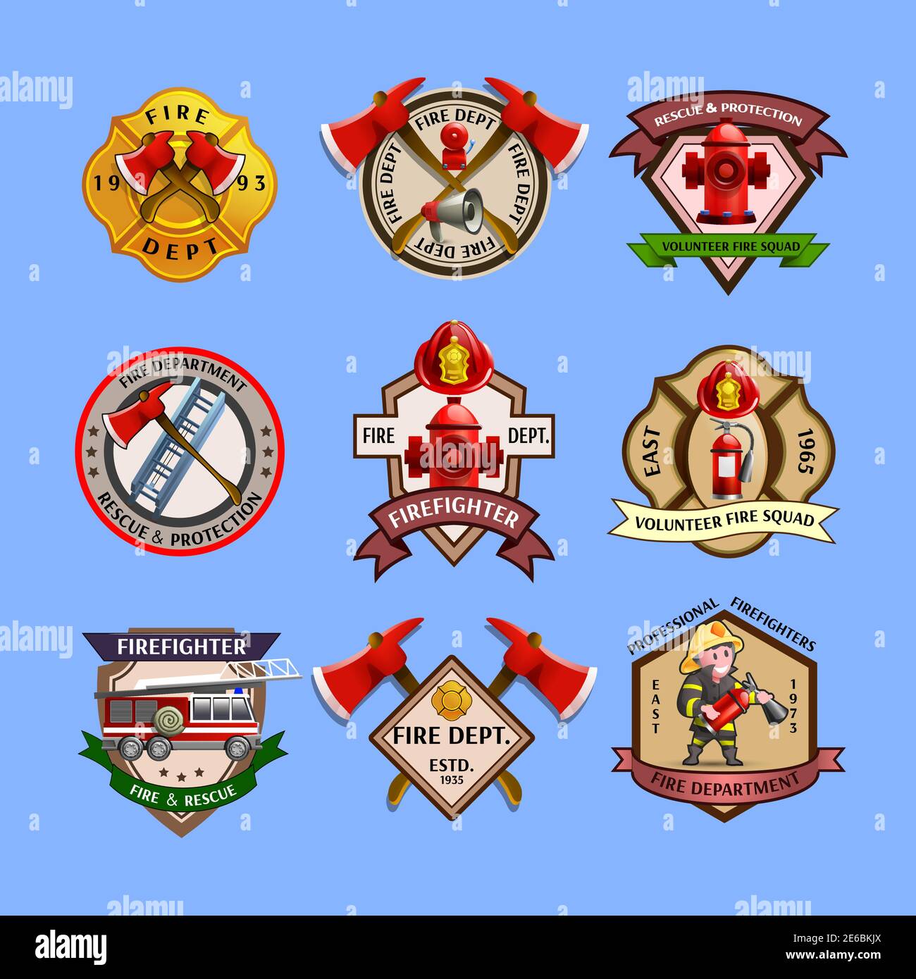 Fire dept quality labels emblems and firefighters department equipment