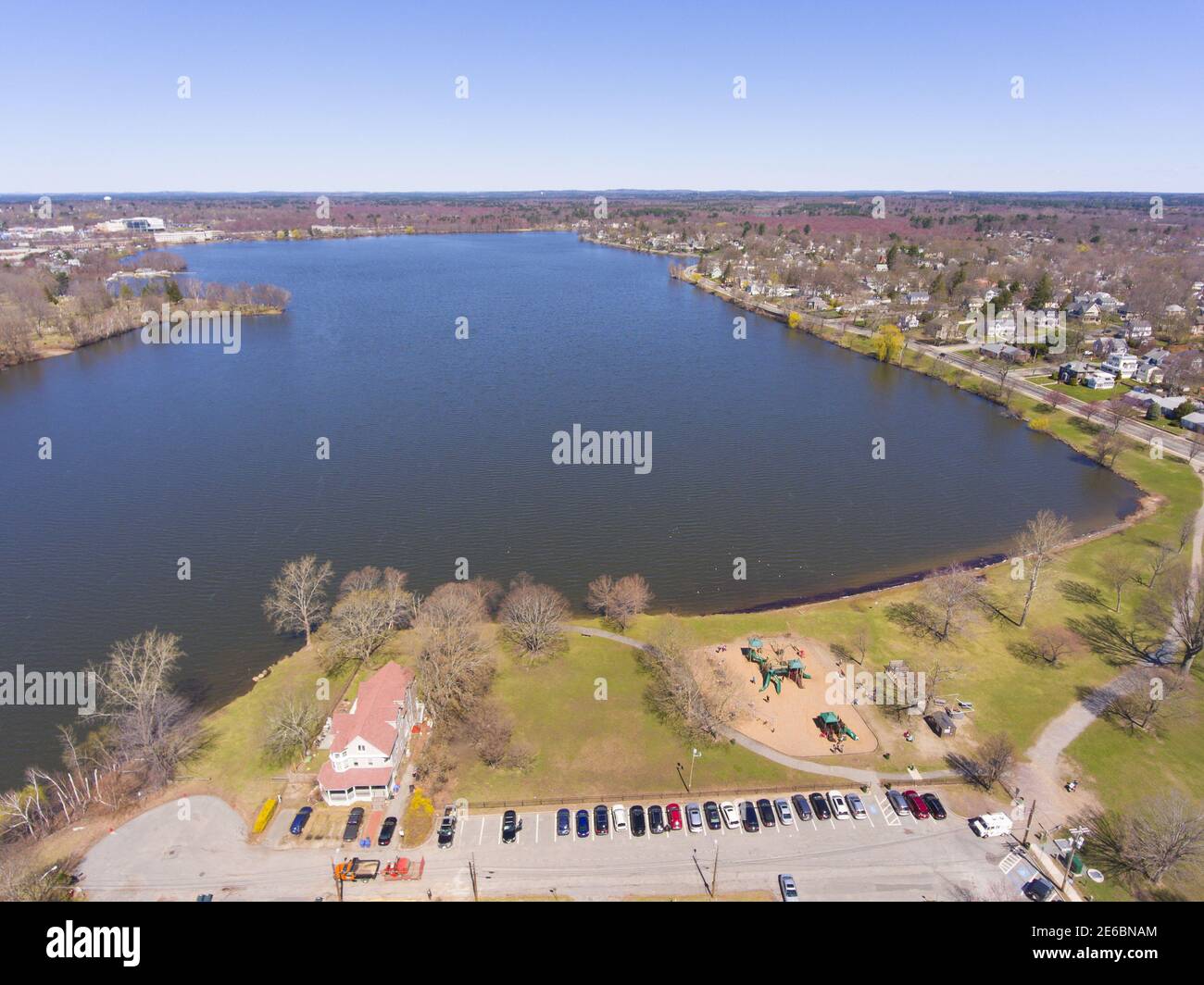 Wakefield Lake Quannapowitt aerial view in historic town center of