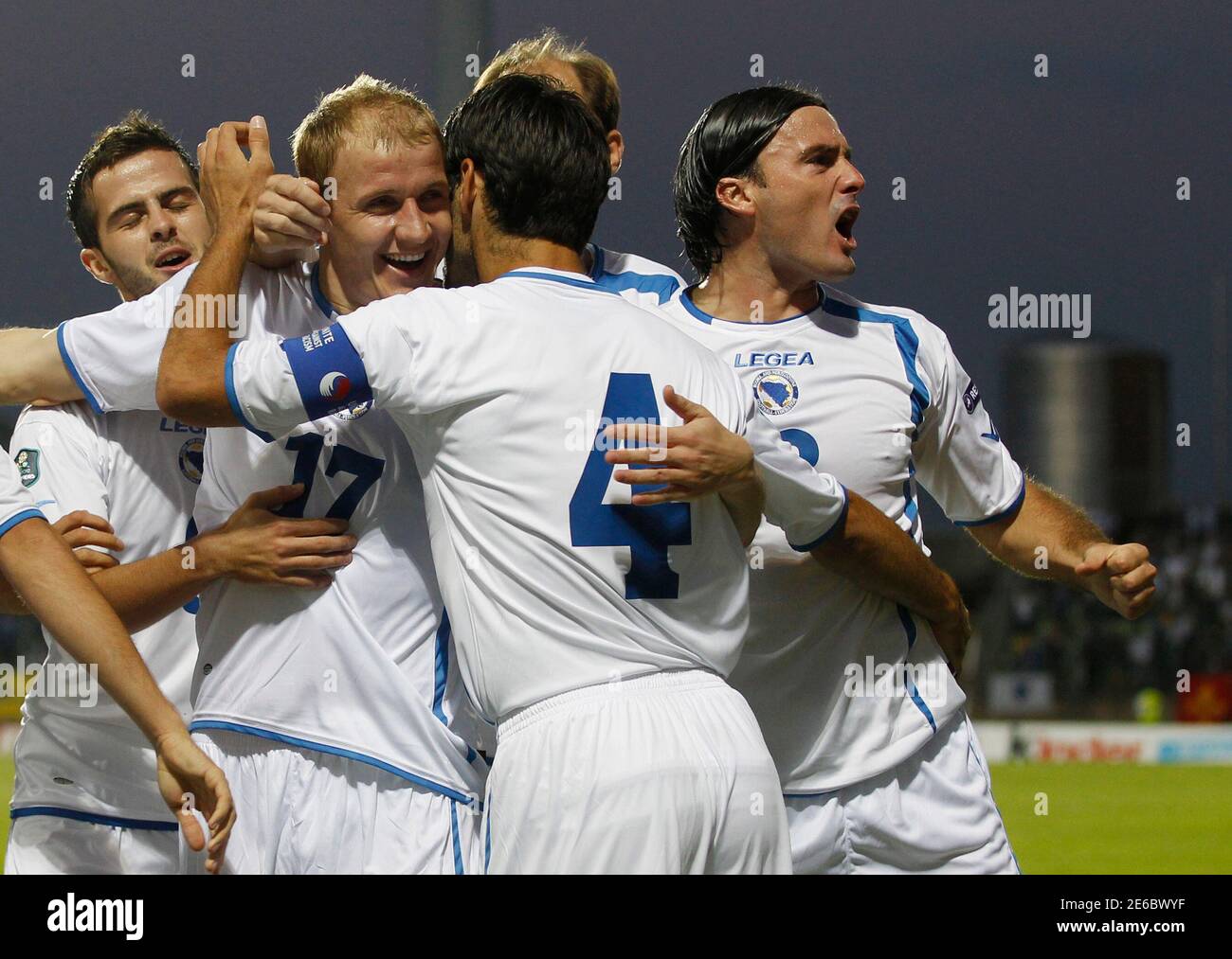 Bosnia's Senijad Ibricic (2nd L) celebrates with team mates his goal  against Luxembourg during their Euro 2012 qualifying soccer match in  Luxembourg September 3, 2010. REUTERS/Thierry Roge (LUXEMBOURG - Tags:  SPORT SOCCER