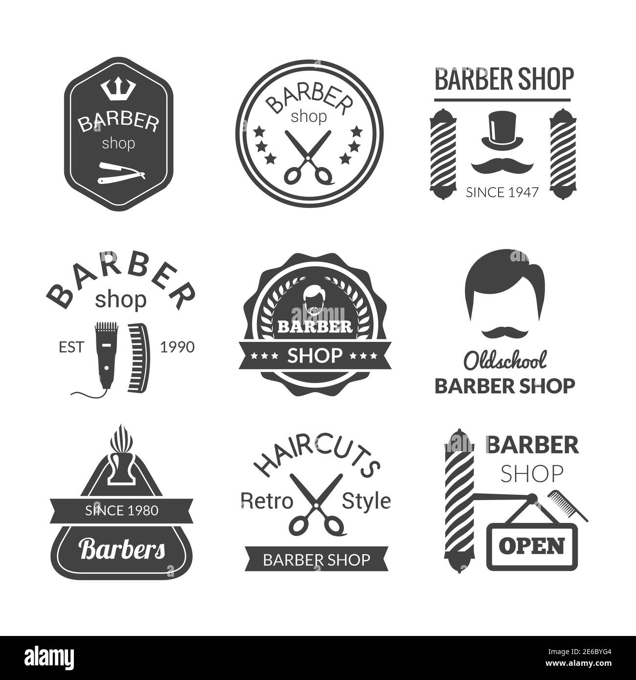 Barber shop emblems set with brush beard cream blade isolated vector illustration Stock Vector