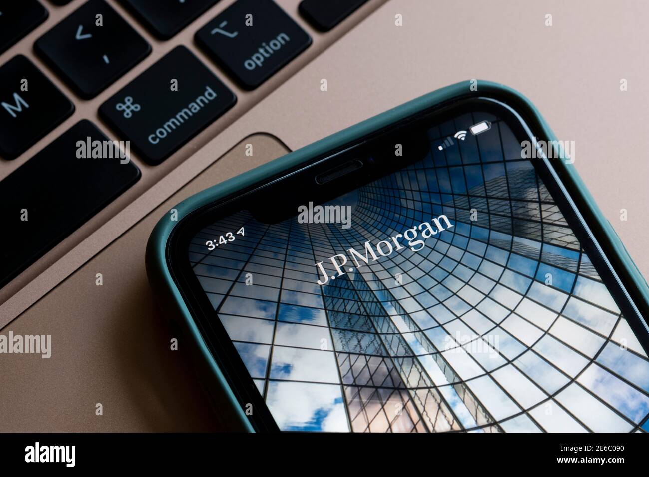 Closeup of the J.P. Morgan logo seen on the J.P. Morgan mobile app welcome screen on an iPhone. J.P. Morgan is a global financial services corporation. Stock Photo