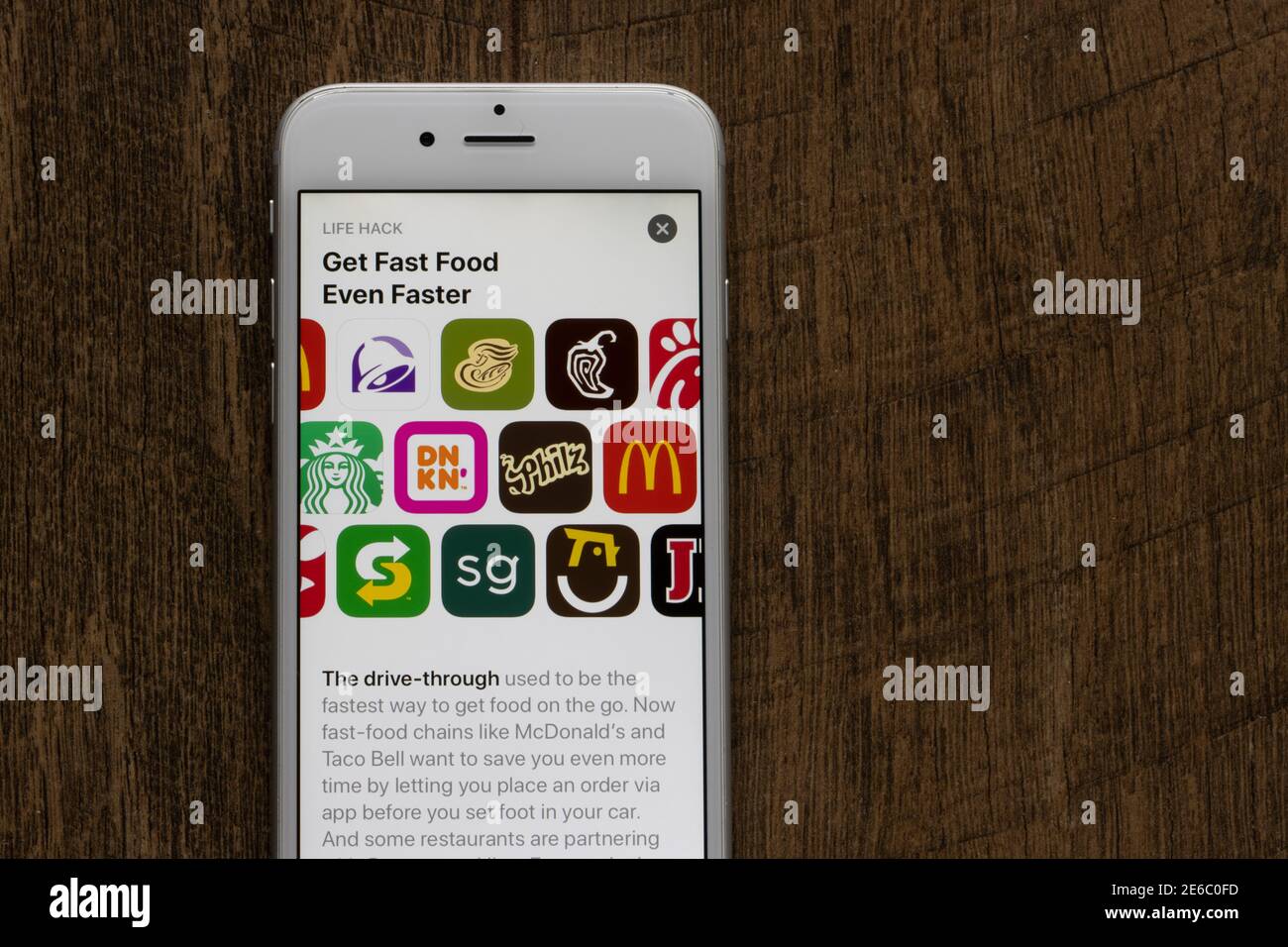 Assorted Fast Food apps are seen on an iPhone - McDonald's, Taco Bell, Panera Bread, Chipotle, Chick-fil-A, Starbucks, Dunkin', Philz Coffee, and etc. Stock Photo