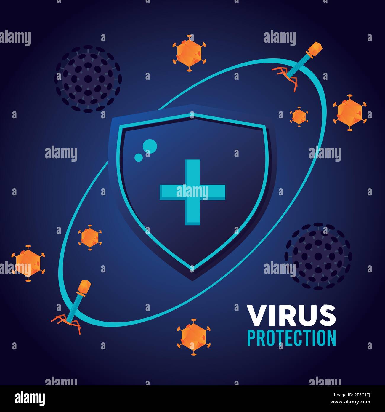 virus protection shield with covid particles colors orange and blue and ...
