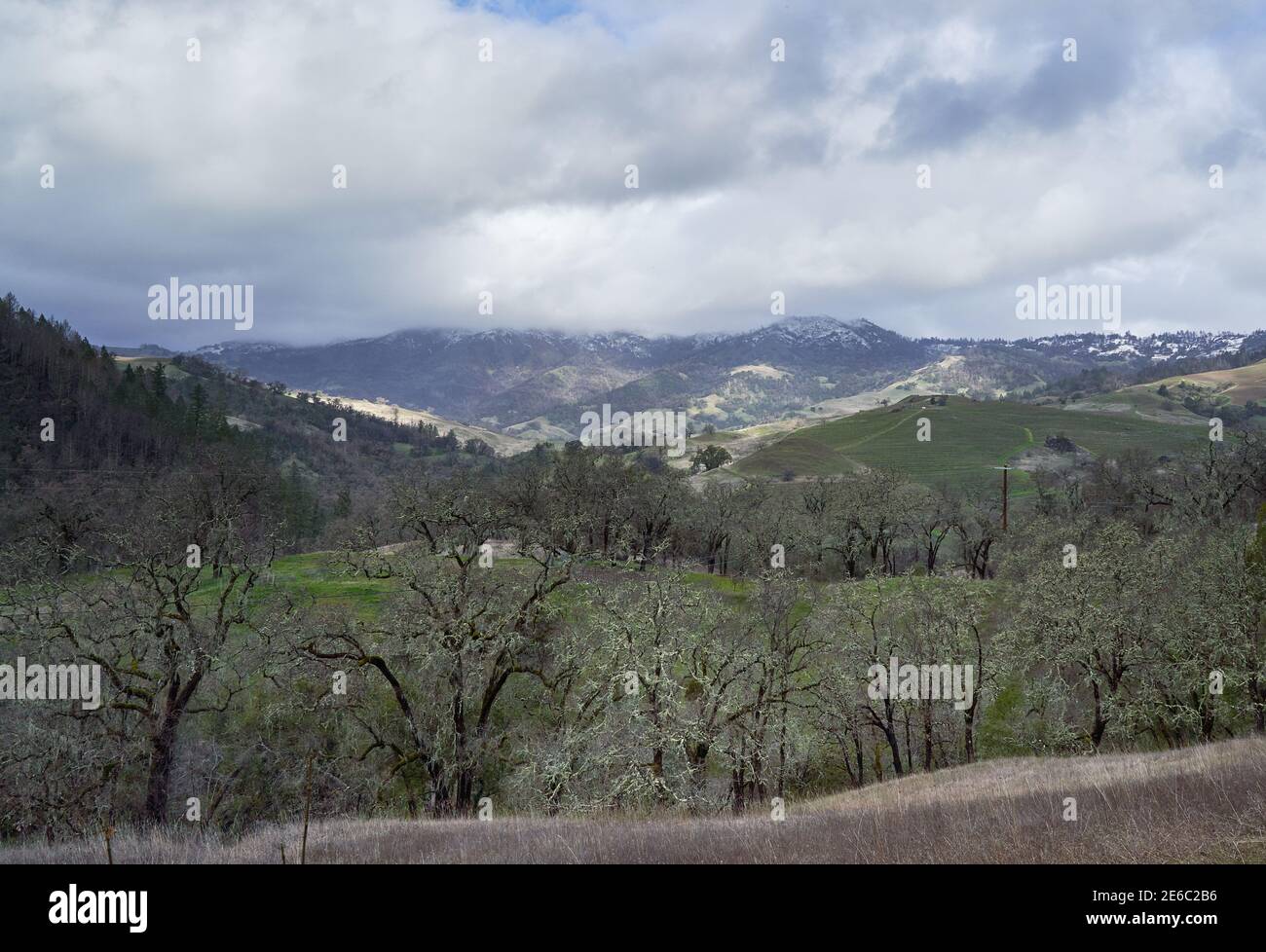 Dusting of snow covers hills after a cold winter storm in January 2021