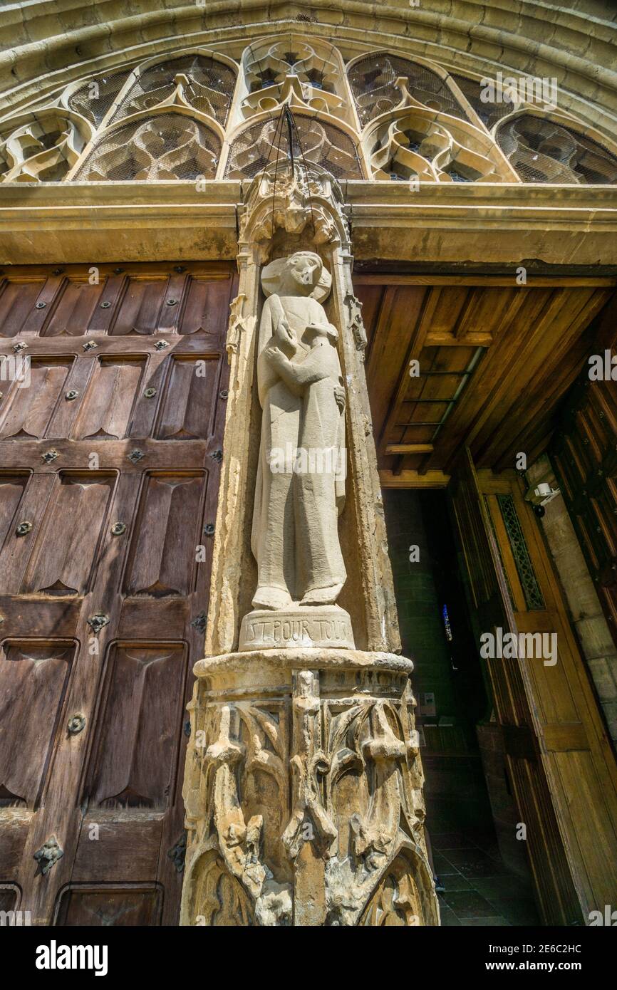 sculpture at the southern portal of Cathedral of Place Urbain V at Notre-Dame and Saint-Privat, Mende, Lozère department, Occitanie region, Southern F Stock Photo